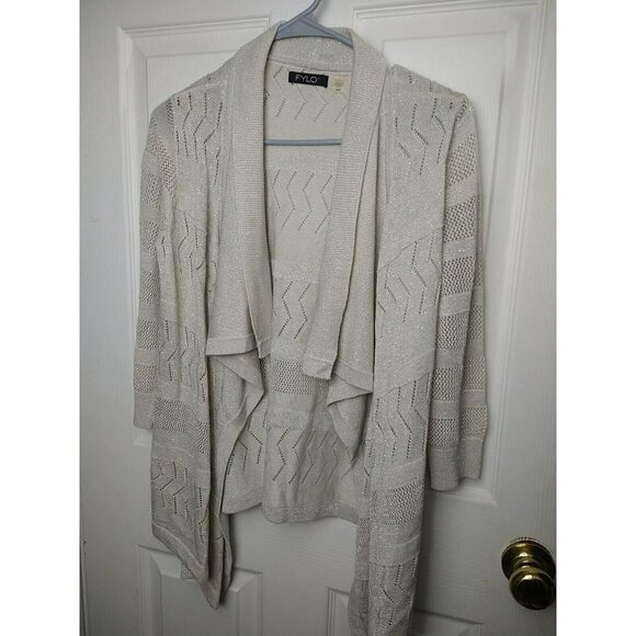 FYLO Women's Open Waterfall 3/4 Sleeve Tan Metallic Silver Accent Sweater SizeS - Picture 1 of 9